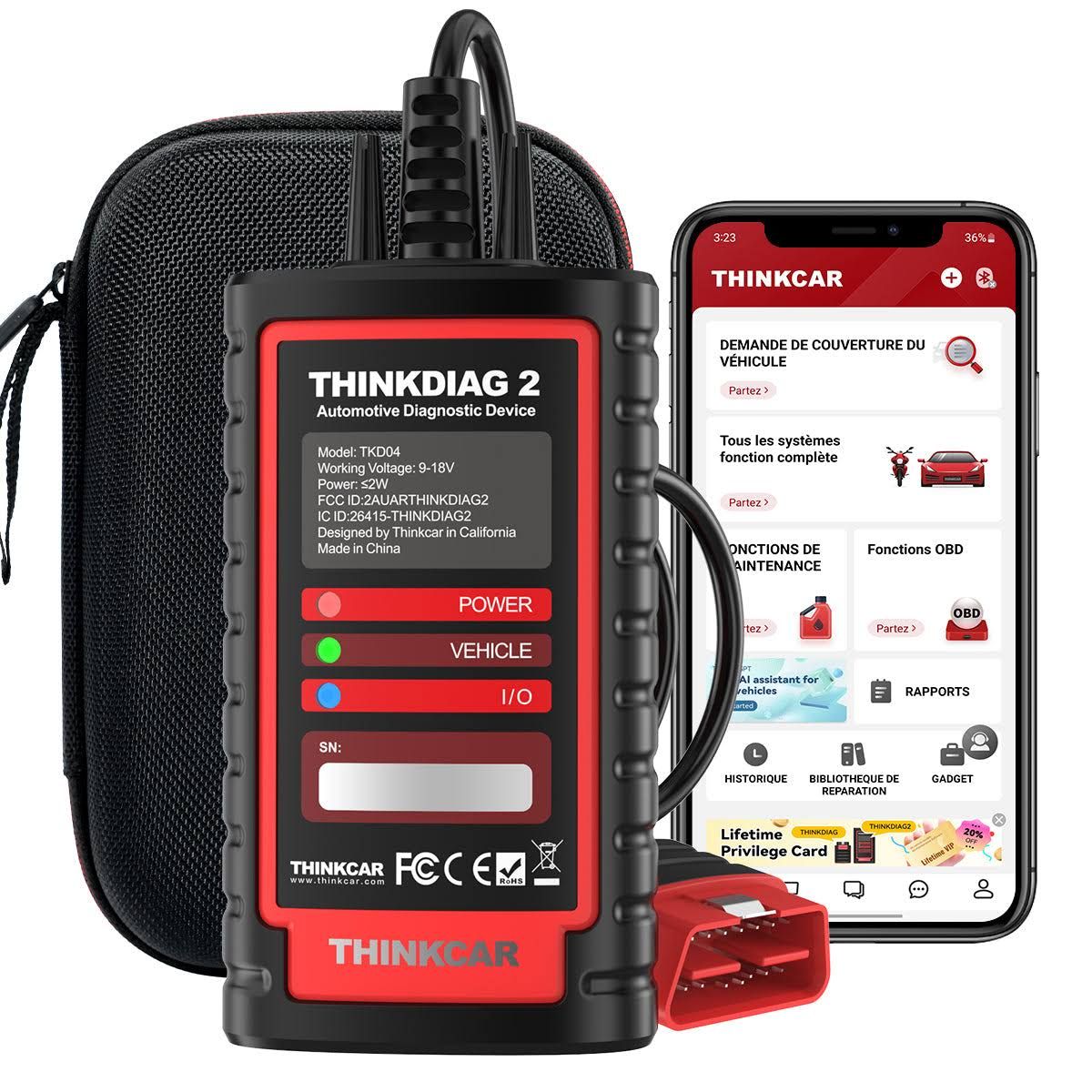 THINKDIAG 2 - Scanner Pro Bidirectionnel, Repro. Clés, OBD2 Bluetooth - Pour Garages Particuliers(Noir/Rouge)