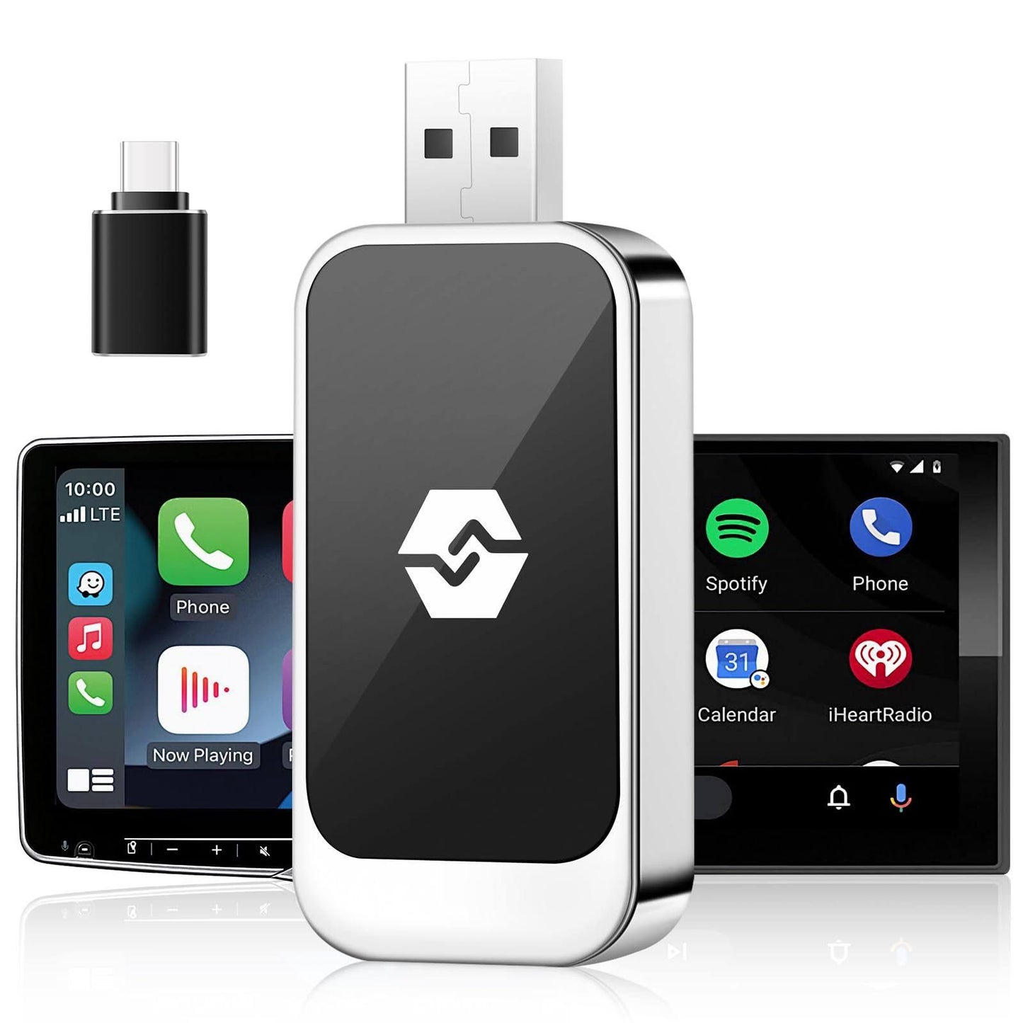 Adaptateur Car-Play sans Fil pour iOS et Android, Euakee Le Plus Petit et Le Plus Rapide Adaptateur Car-Play sans Fil, Plug Play Convertir Les(Noir/Argent)
