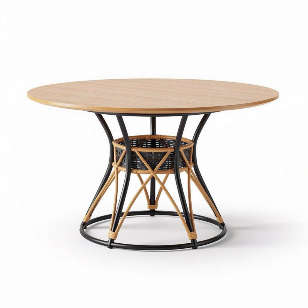 Table ronde en bois et métal avec rangement en osier 100 x 100 x 75cm