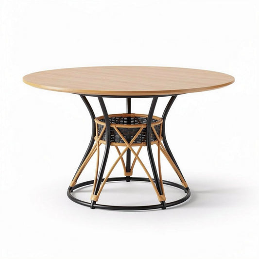 Table ronde en bois et métal avec rangement en osier 100 x 100 x 75cm