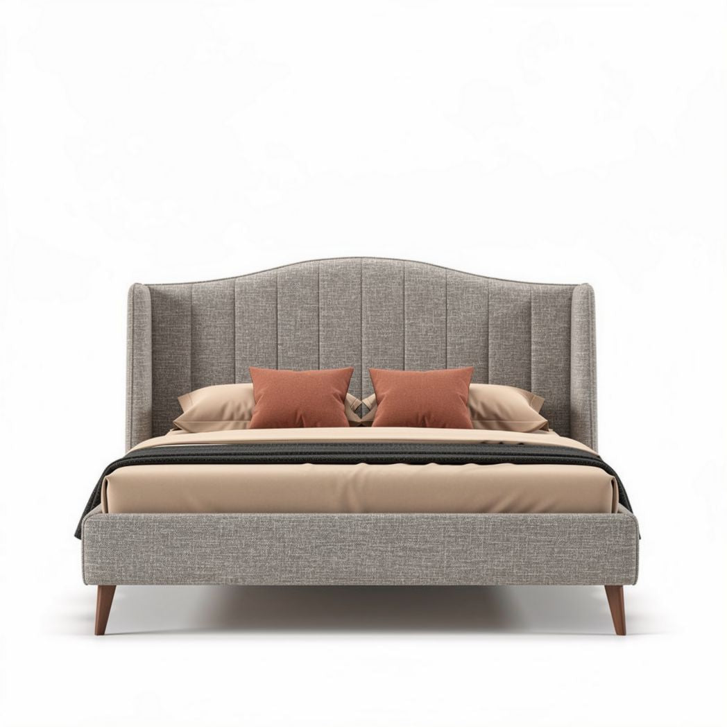 Lit en tissu gris avec tête de lit rembourrée et coussins 200 x 160 x 100cm