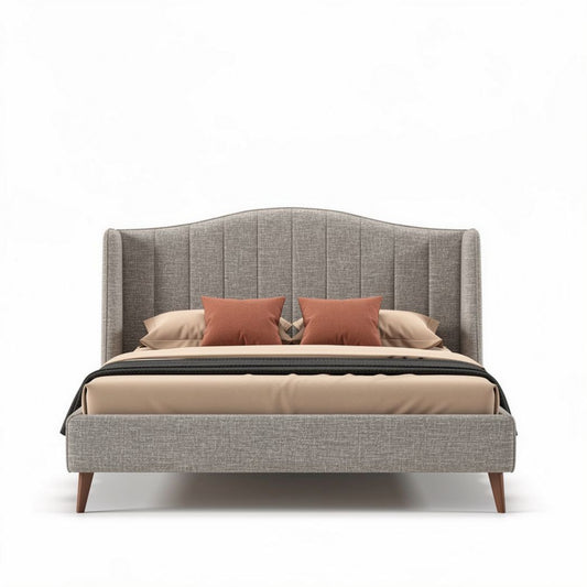 Lit en tissu gris avec tête de lit rembourrée et coussins 200 x 160 x 100cm
