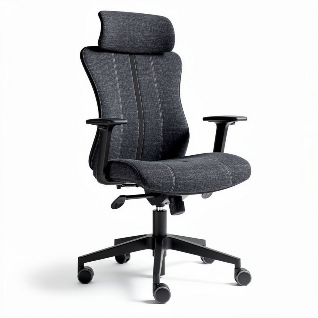 Chaise de bureau ergonomique en tissu gris réglable avec accoudoirs et roulettes