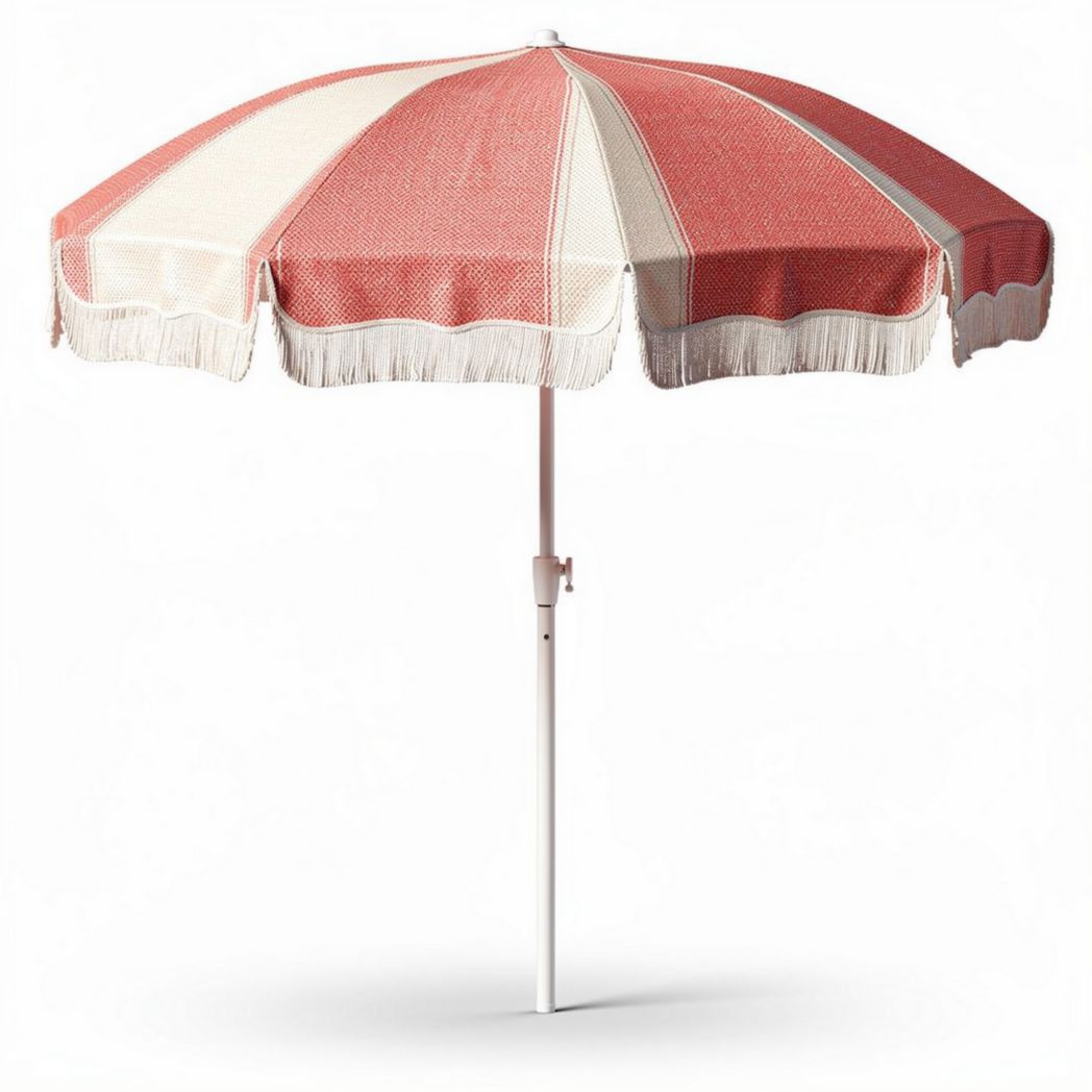 Parasol en toile rouge et blanche avec franges et pied en aluminium 200 x 200 x 250cm