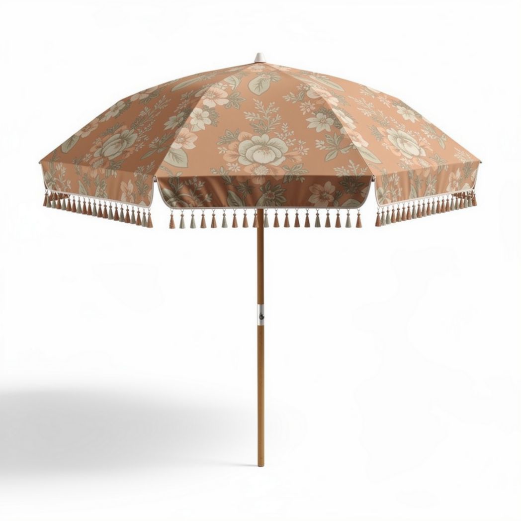Parasol en polyester imprimé fleurs avec franges en bois 220 x 220 x 240cm