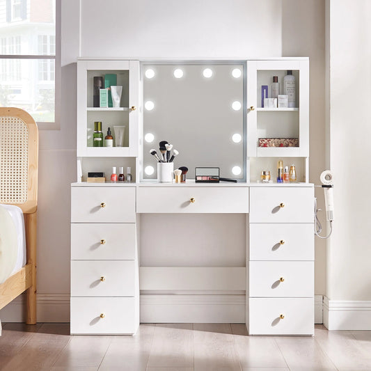 Coiffeuse verre 47 pouces miroir lumières rangement prise(White)